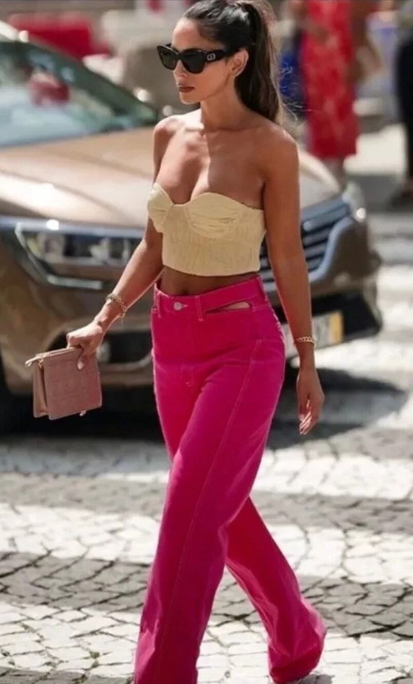 Zara Jeans Size 6 Cutout Barbie Hot Pink Denim Straight High Rise Full Length